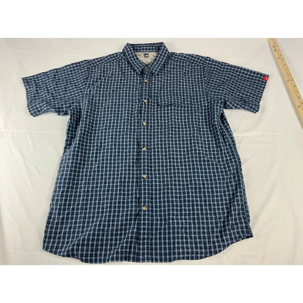 The North Face Mens L G Plaid Short Sleeve Button‎ Down Shirt Blue Tan